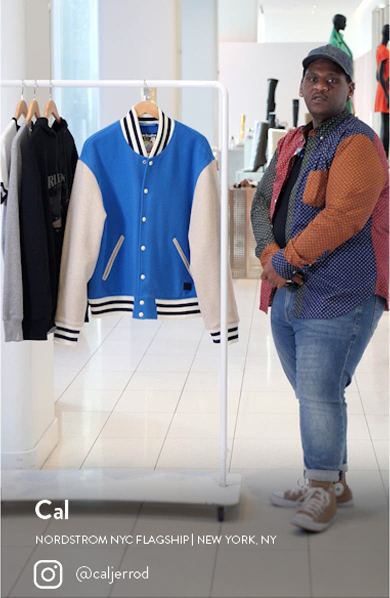 Face Patch Colorblock Wool Blend Varsity Bomber Jacket, sales video thumbnail