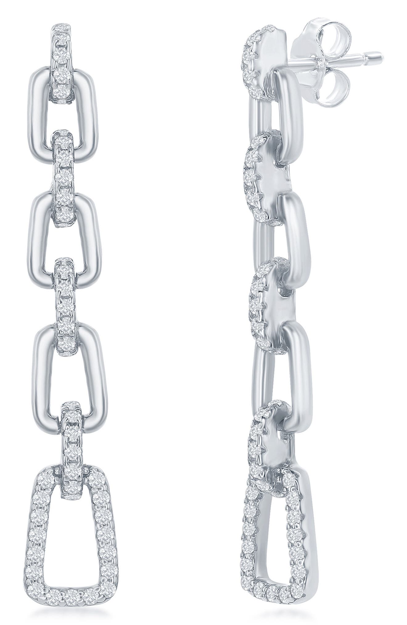 SIMONA Sterling Silver CZ Paperclip Link Drop Earrings