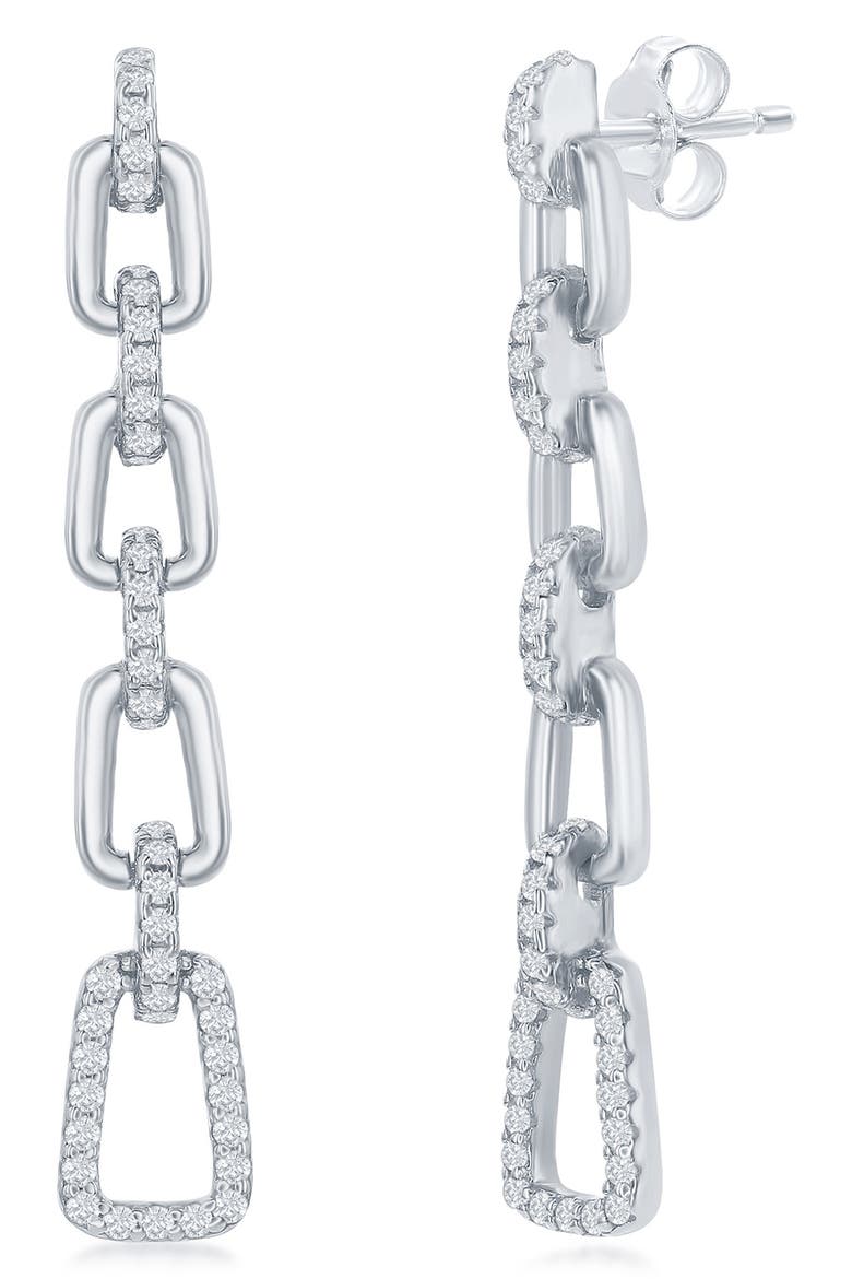 Sterling Silver CZ Paperclip Link Drop Earrings, Main, color, SILVER