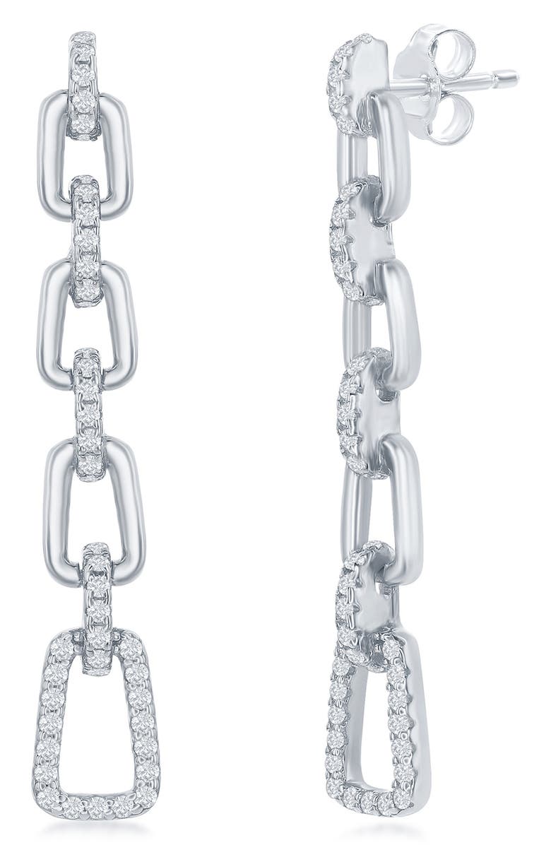 SIMONA Sterling Silver CZ Paperclip Link Drop Earrings, Main, color, Silver