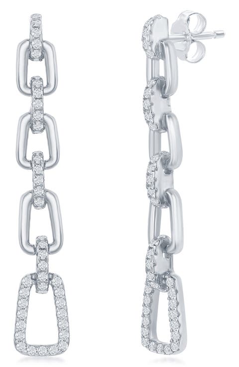 Sterling Silver CZ Paperclip Link Drop Earrings