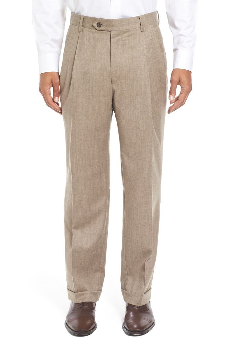 Lightweight Flannel Pleated Classic Fit Dress Trousers, Main, color, HEATHER TAN