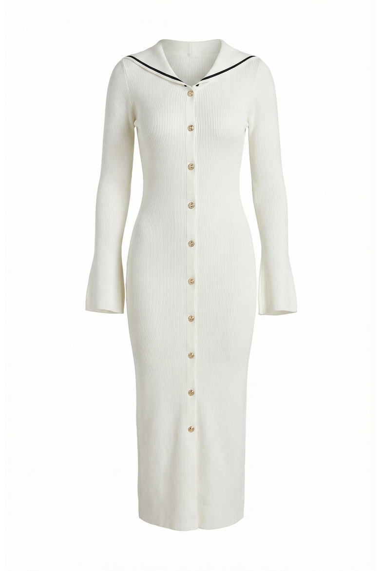 Ribbed Knit V-Neck Contrast Trim Midi Dress, Alternate, color, White / Black