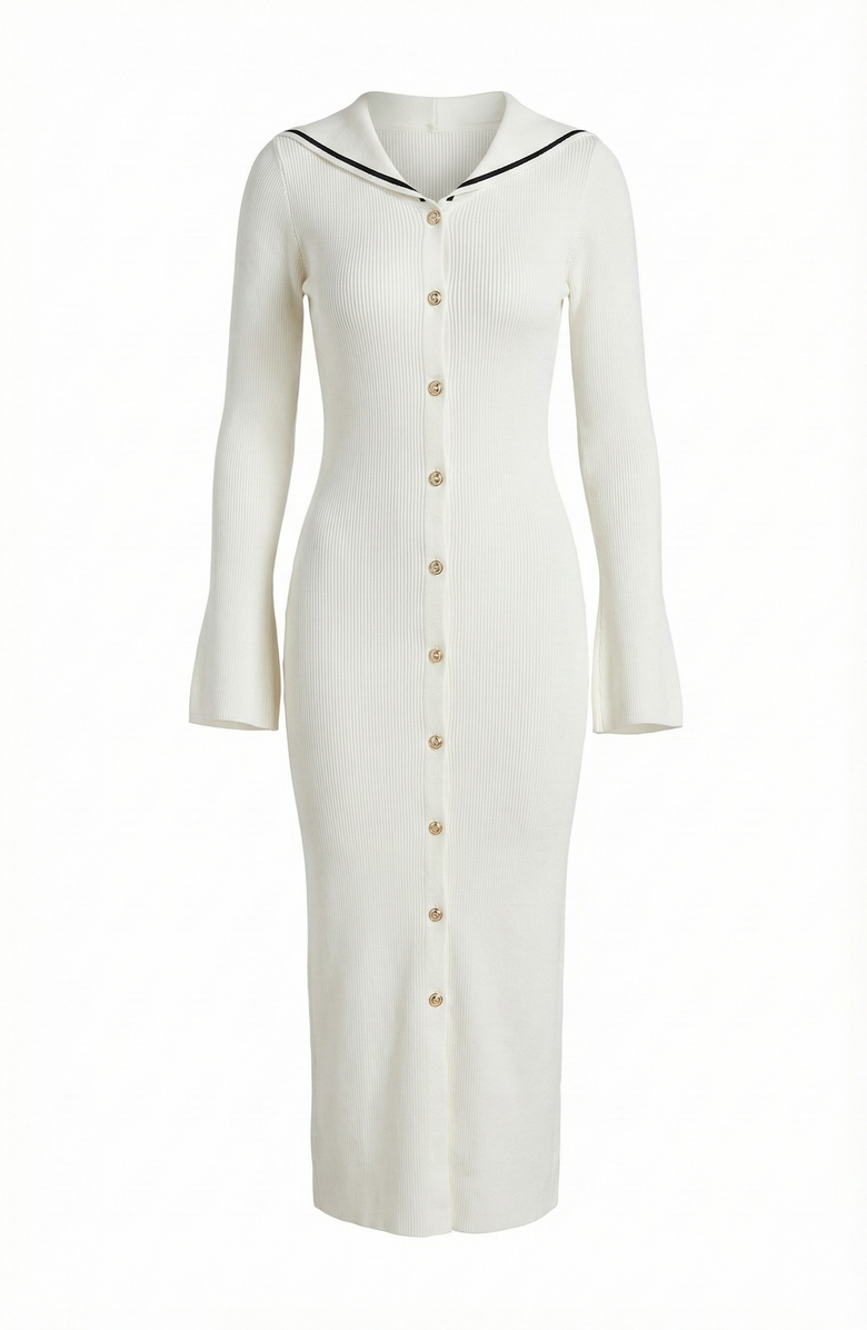 Modenaire Ribbed Knit V-Neck Contrast Trim Midi Dress, Alternate, color, White / Black