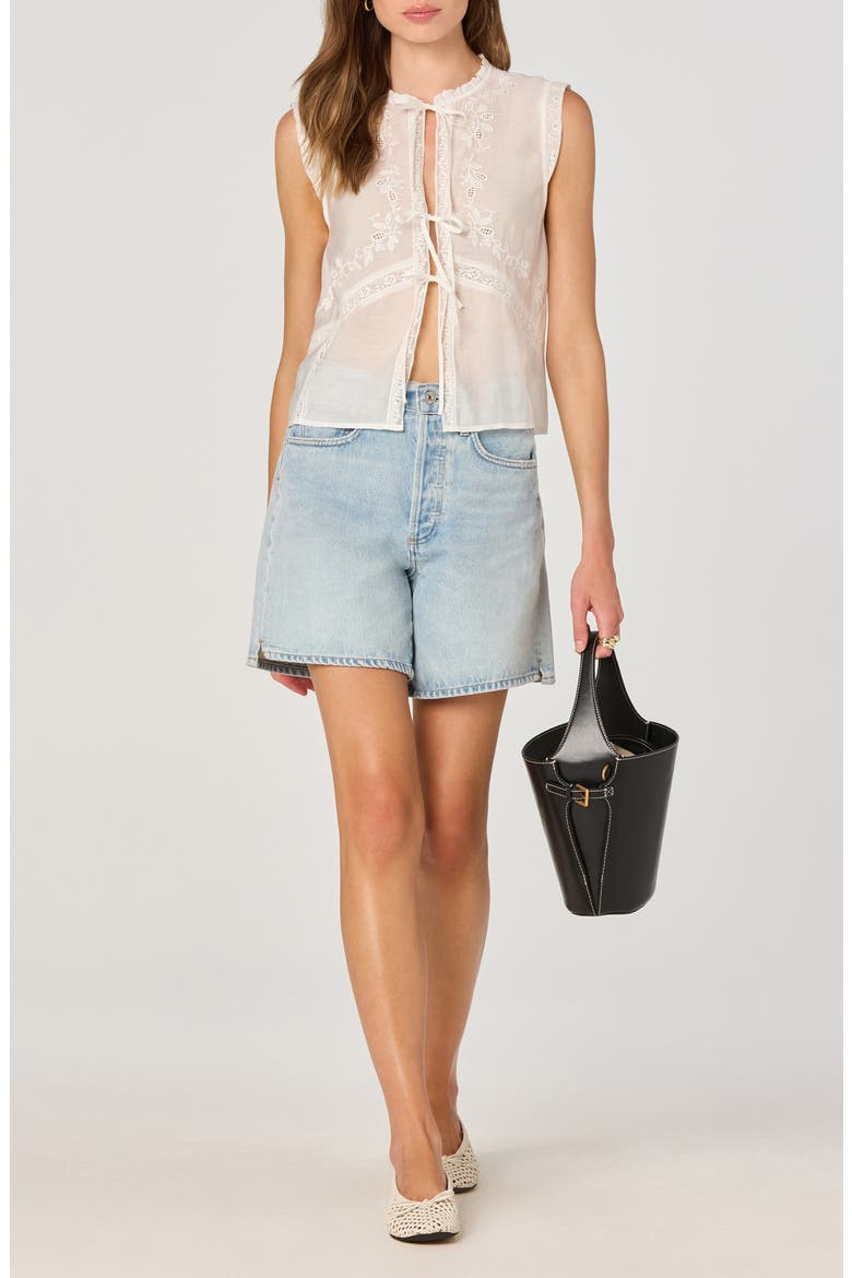 Lace Trim Tie Front Top, Alternate, color, WHITE