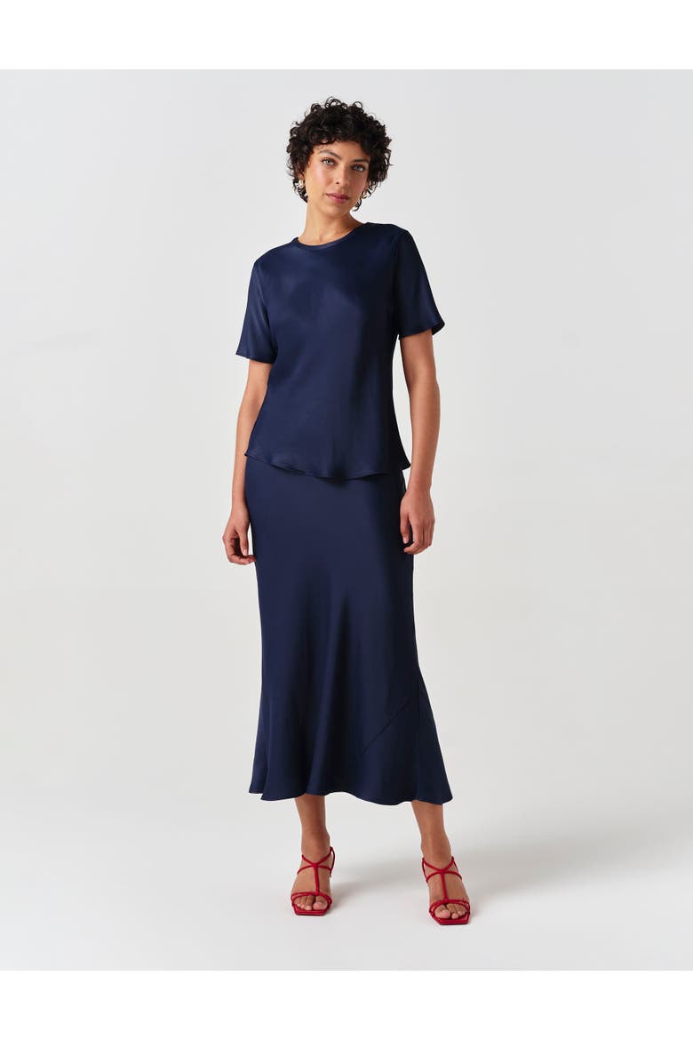 Ria Short Sleeve Satin Top, Alternate, color, Navy