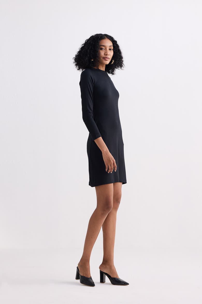 Long Sleeves Fitted Short Dress in Black, Alternate, color, Black