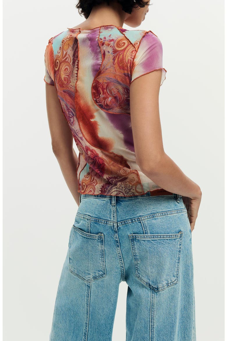 Print Mesh Crop Top, Alternate, color, ORANGE MULTI