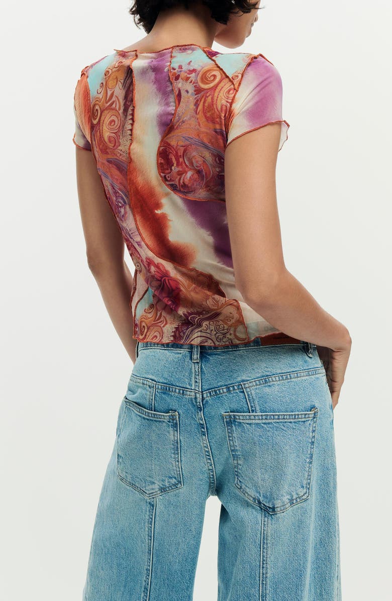 Desigual Print Mesh Crop Top, Alternate, color, Orange Multi