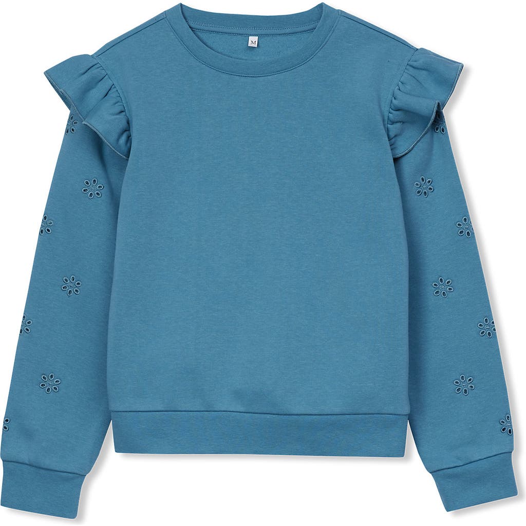 Lands' End Girls Long Sleeve Cozy Fleece Ruffle Eyelet Sweatshirt In Blue