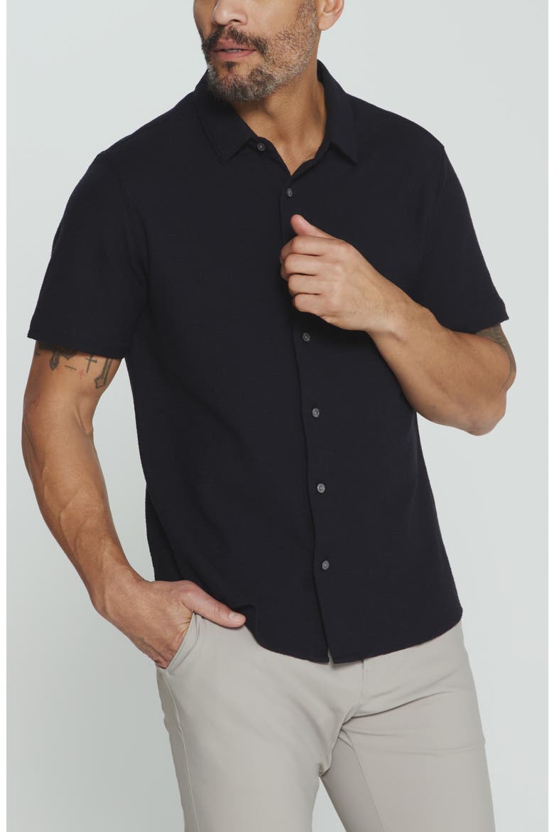 The Rowan Solid Short Sleeve Textured Cotton Blend Button-Up Shirt, Main, color, MIDNIGHT