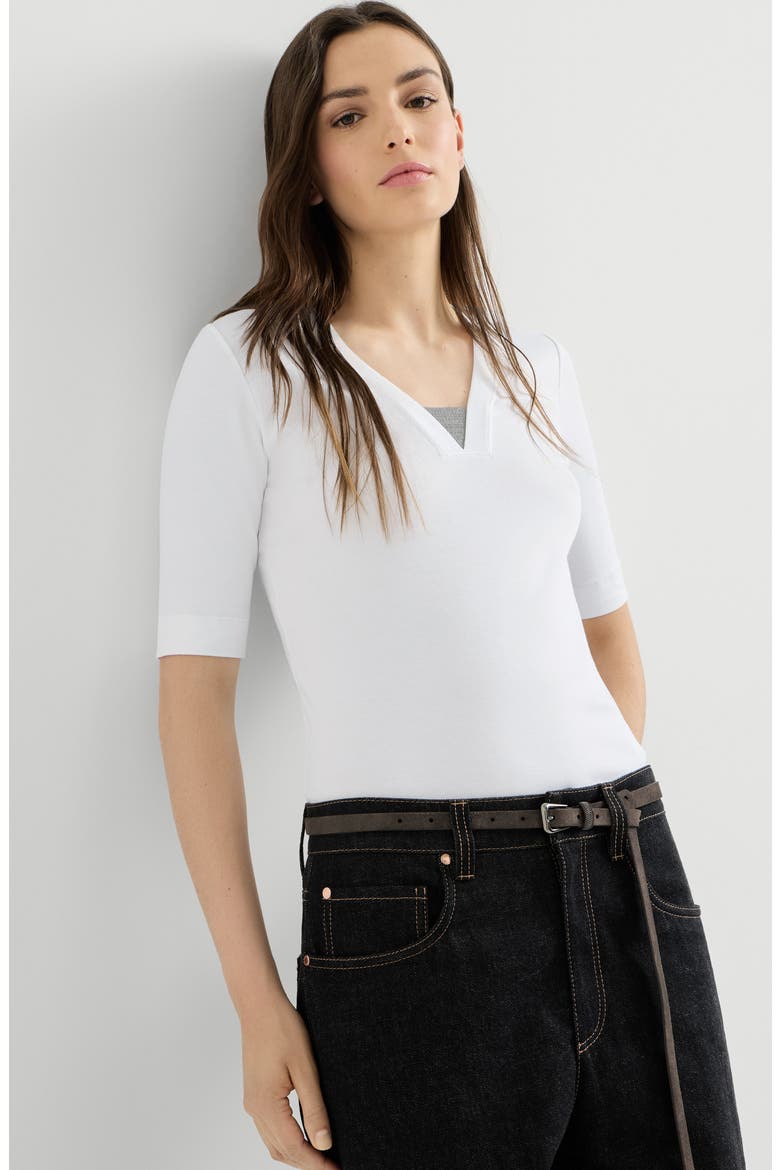 Stretch cotton ribbed jersey top with precious insert, Alternate, color, White