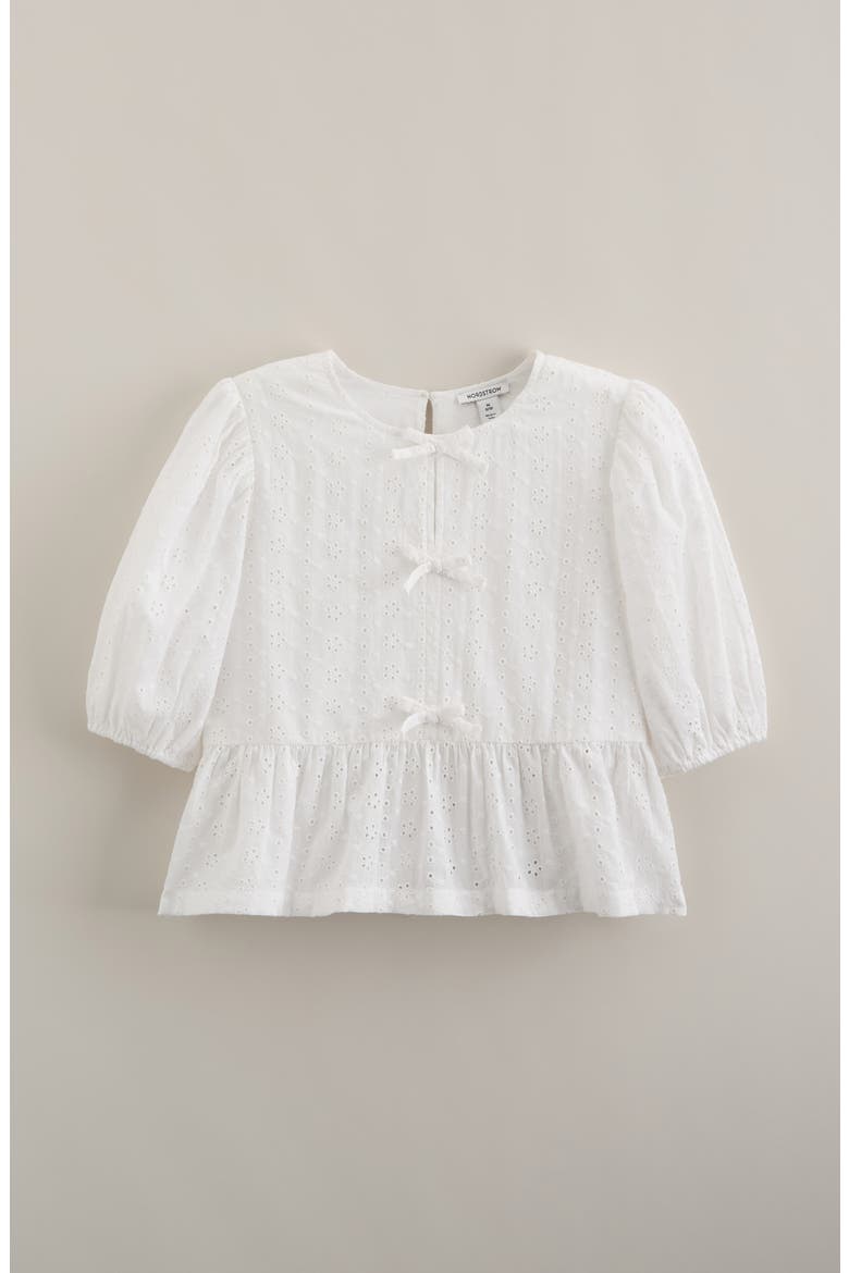 Kids' Bow Front Cotton Broderie Anglaise Top, Main, color, WHITE