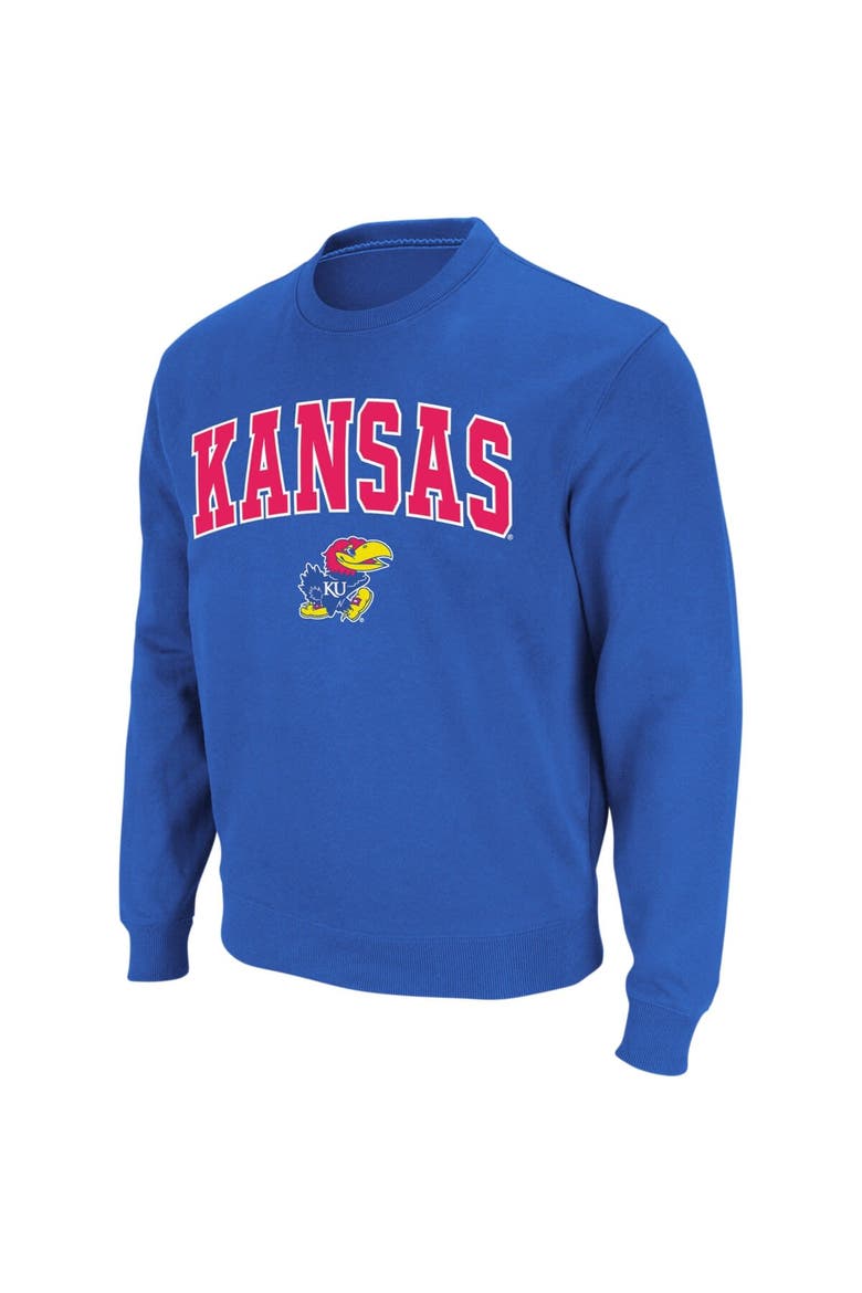 Men's Colosseum Royal Kansas Jayhawks Arch & Logo Crew Neck Sweatshirt, Main, color, Royal