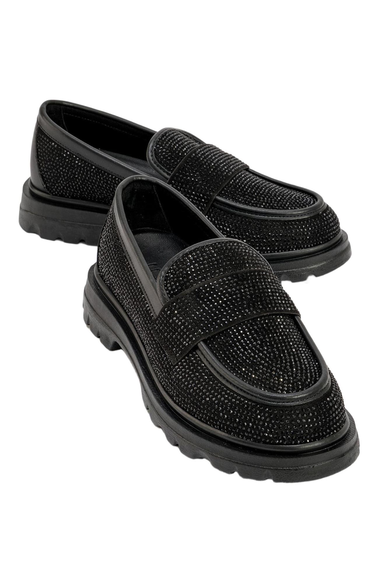 Prologue Shoes Babel Stone Embellished Suede Loafer, Main, color, Black Faux Leather