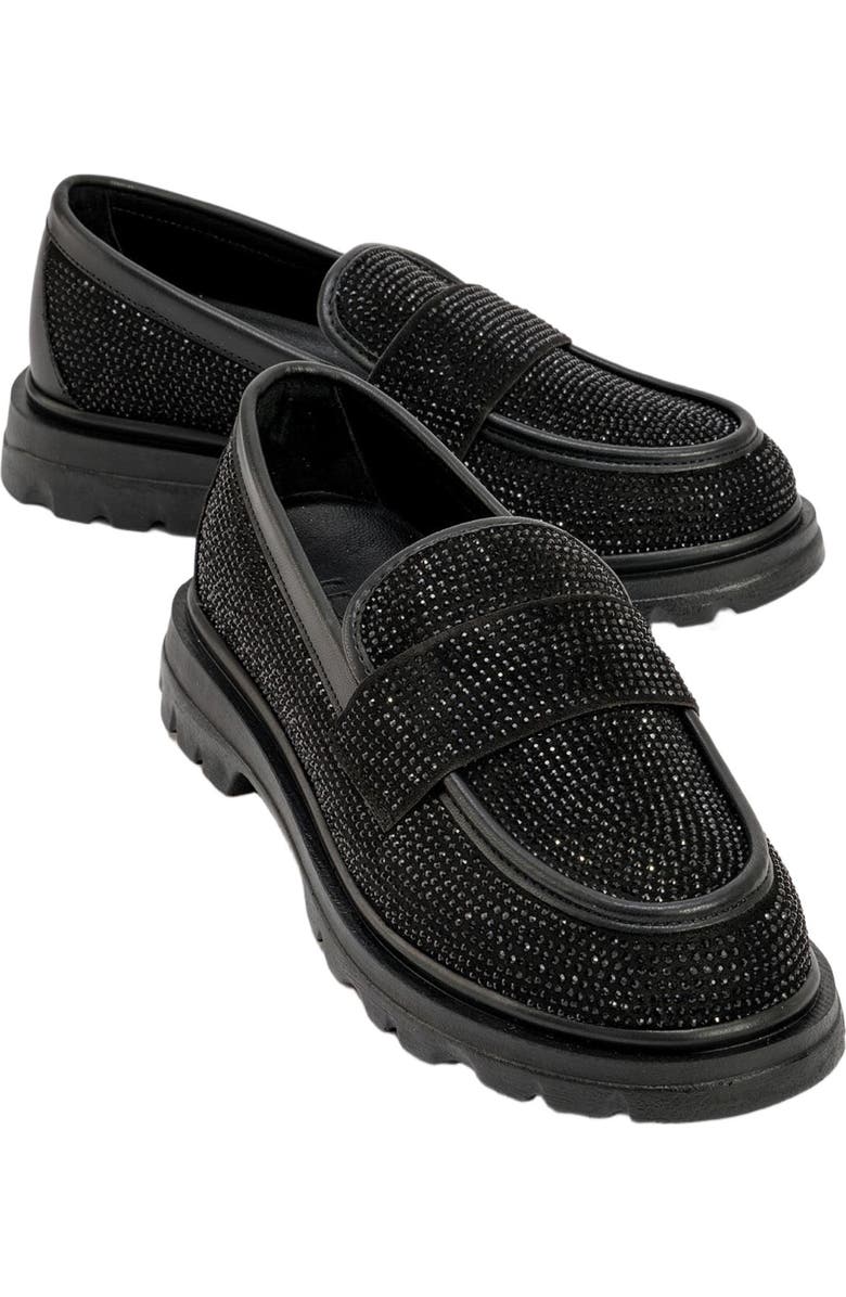 Prologue Shoes Babel Stone Embellished Suede Loafer, Main, color, Black Faux Leather