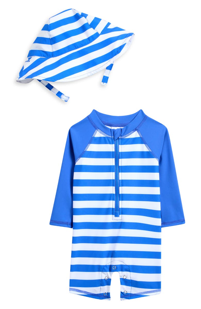 Tucker + Tate One-Piece Romper Swimsuit & Bucket Hat Set, Main, color, Blue Palace Pristine Stripe