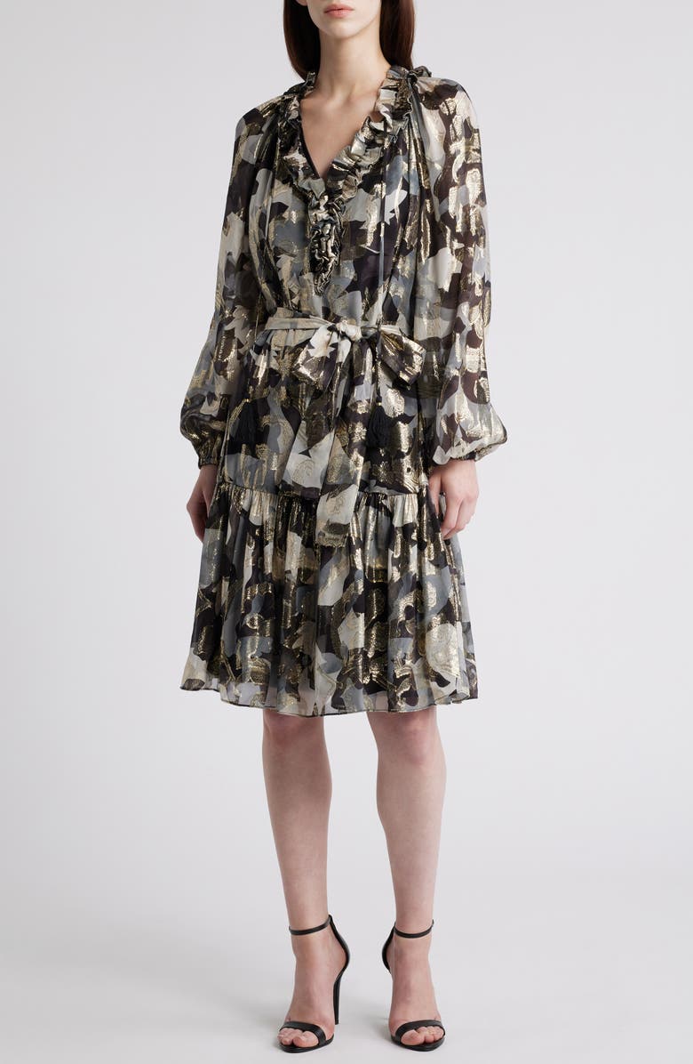 KOBI HALPERIN Jenson Metallic Ruffle Long Sleeve Silk Dress, Main, color, Graphite