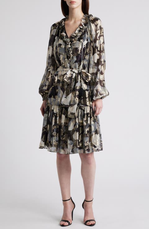 Jenson Metallic Ruffle Long Sleeve Silk Dress