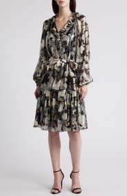 KOBI HALPERIN Jenson Metallic Ruffle Long Sleeve Silk Dress
