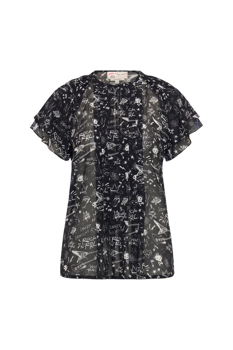 Printed Silk Geogette Blouse, Main, color, Black