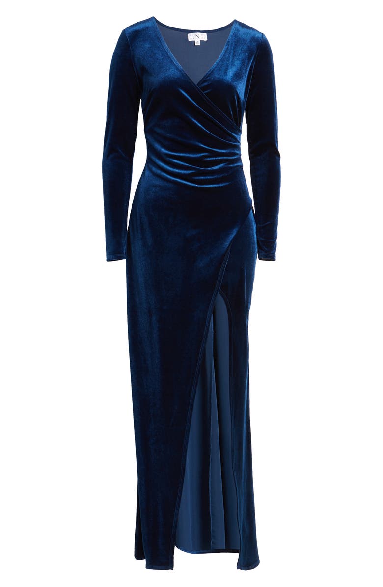 LOVE, NICKIE LEW Ruched Long Sleeve Velvet Gown, Alternate, color, 