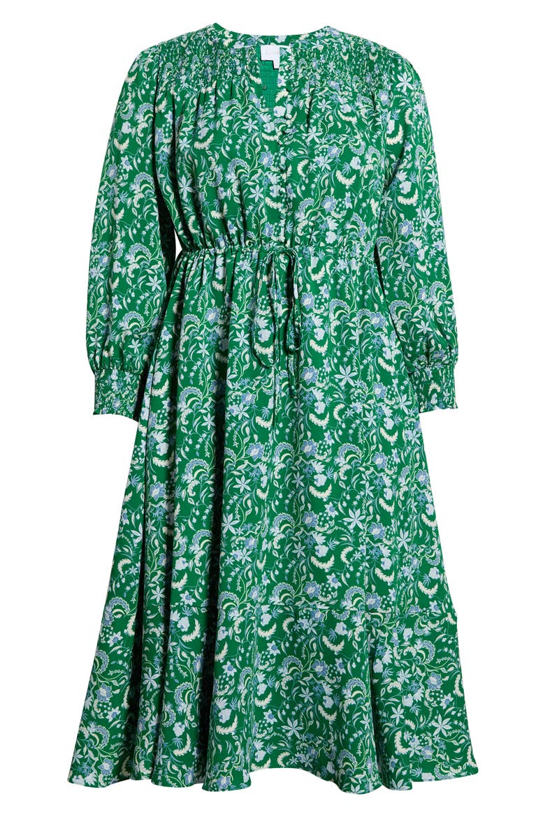 Cabana Floral Keila Long Sleeve Smocked Yoke Midi Dress, Alternate, color, GREEN-BLUE