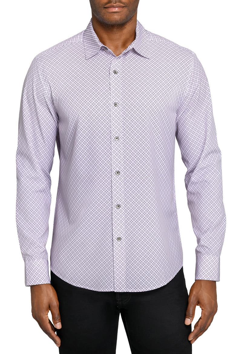 Slim Fit Geometric Print Performance Button-Up Shirt, Main, color, WHITE/ PURPLE