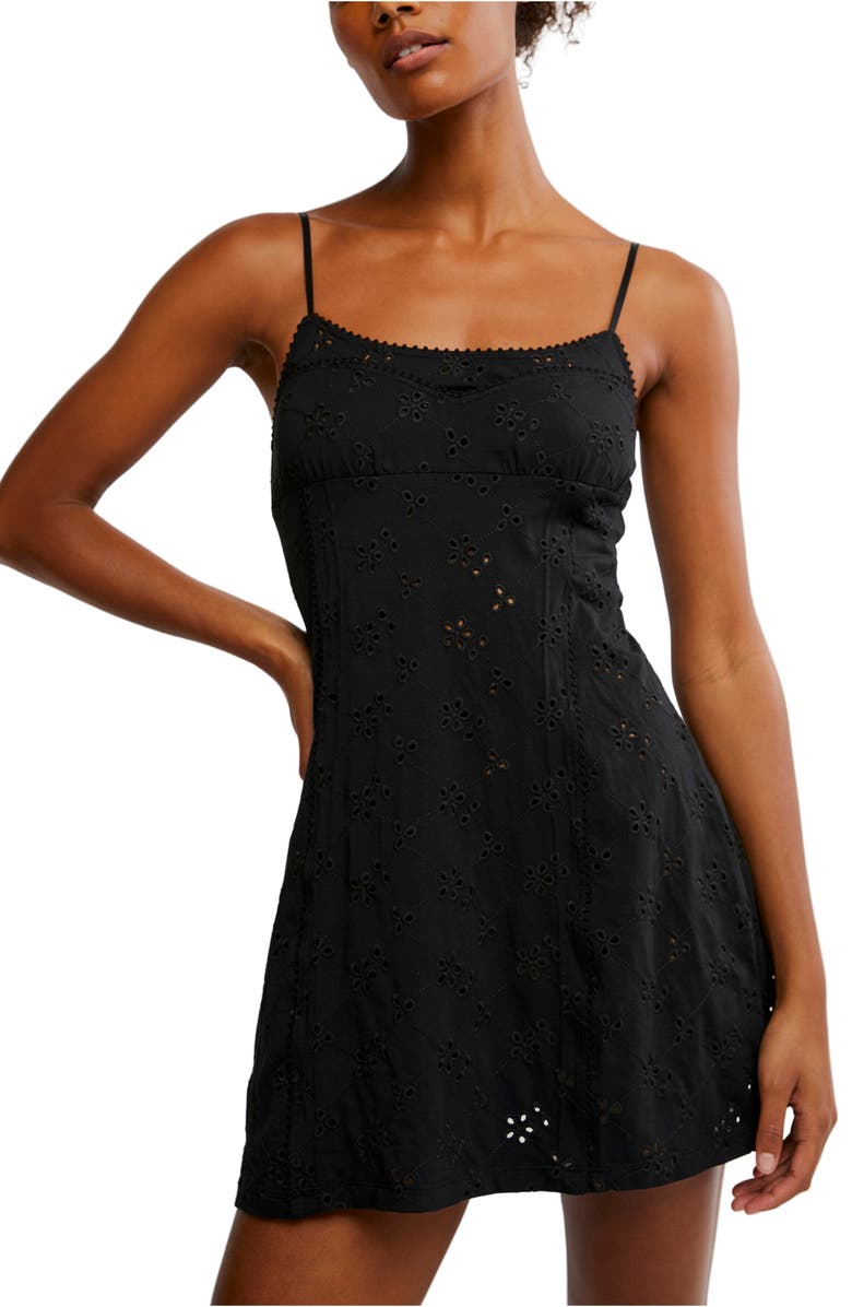 Free People Full Bloom Stretch Cotton Eyelet Mini Slipdress, Alternate, color, Black