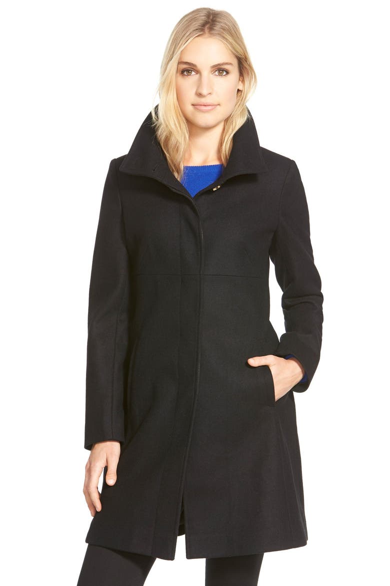 Stand Collar Wool Blend A-Line Coat, Main, color, BLACK