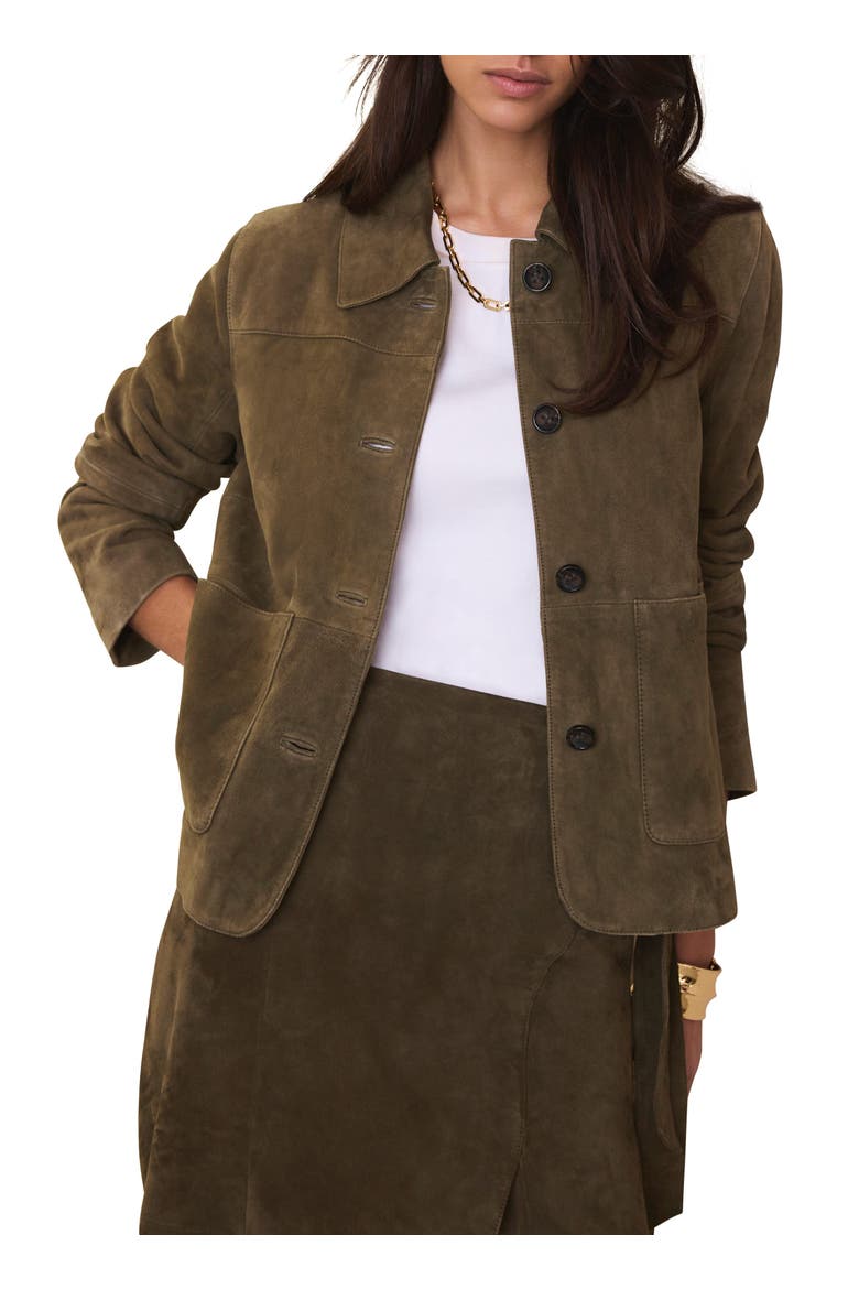 Suede Jacket with Classic Collar & Button-Front Pockets, Alternate, color, Khaki