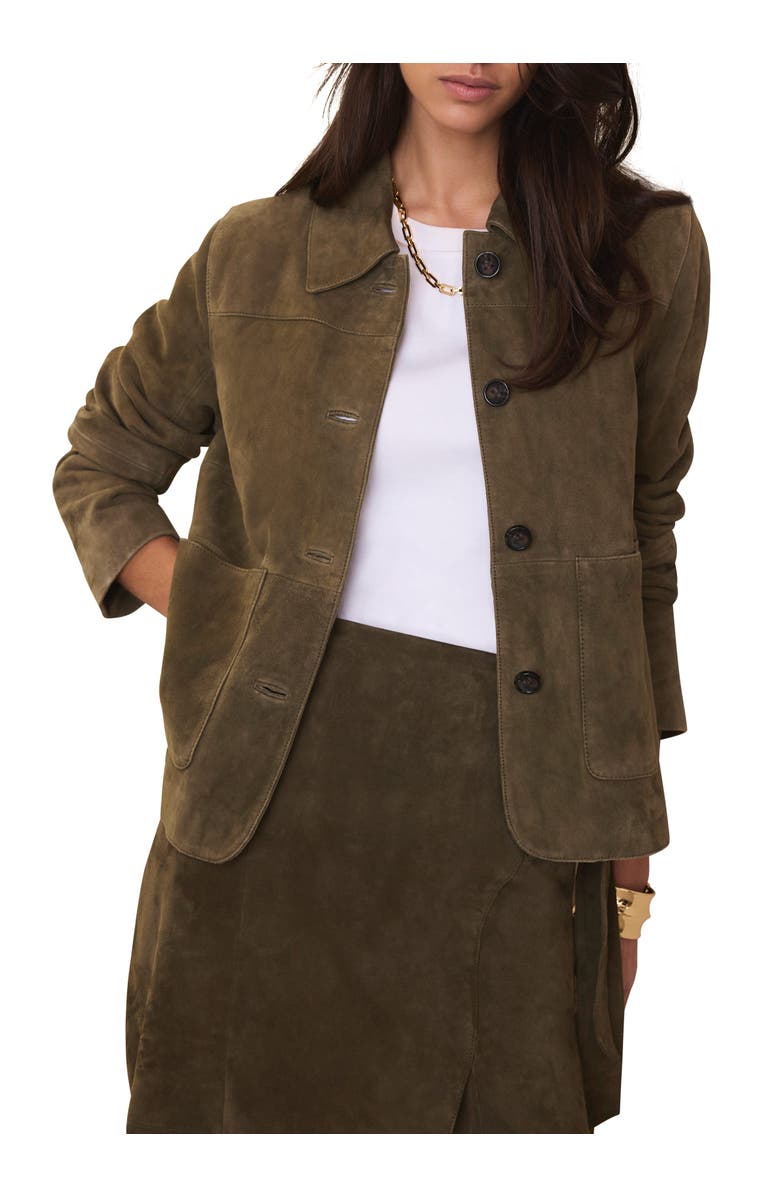 MINT VELVET Suede Jacket with Classic Collar & Button-Front Pockets, Alternate, color, Khaki