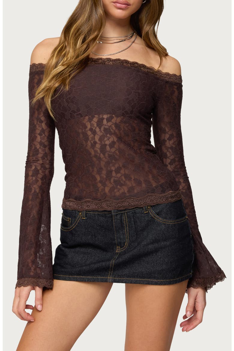 Off the Shoulder Sheer Lace Top, Main, color, BROWN