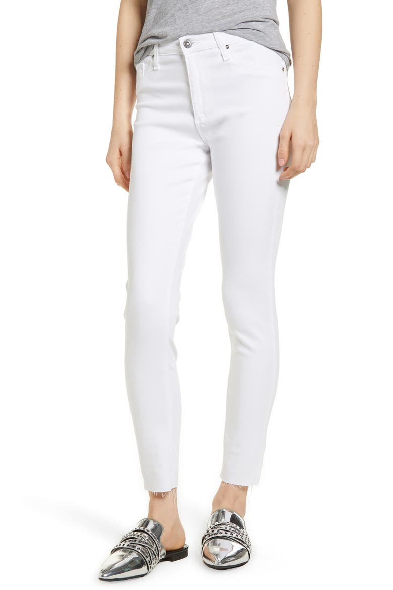 The Farrah High Waist Raw Hem Ankle Skinny Jeans, Main, color, WHT WHITE