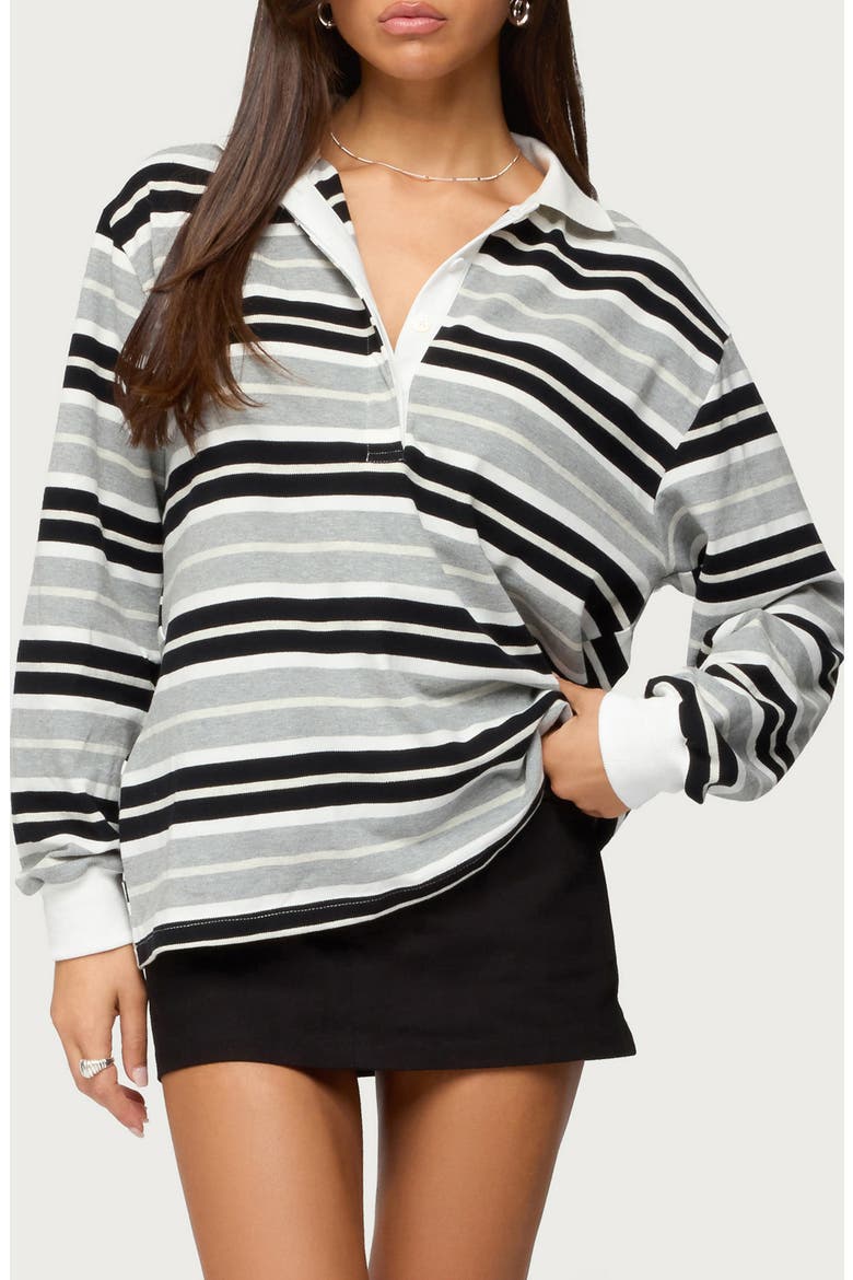 Renya Stripe Long Sleeve Oversize Polo, Main, color, GRAY