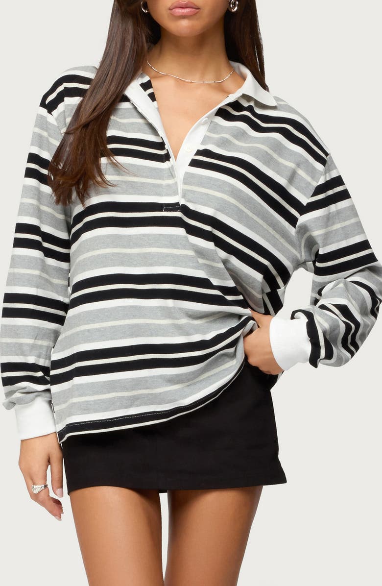EDIKTED Renya Stripe Long Sleeve Oversize Polo, Main, color, Gray
