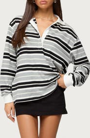 EDIKTED Renya Stripe Long Sleeve Oversize Polo