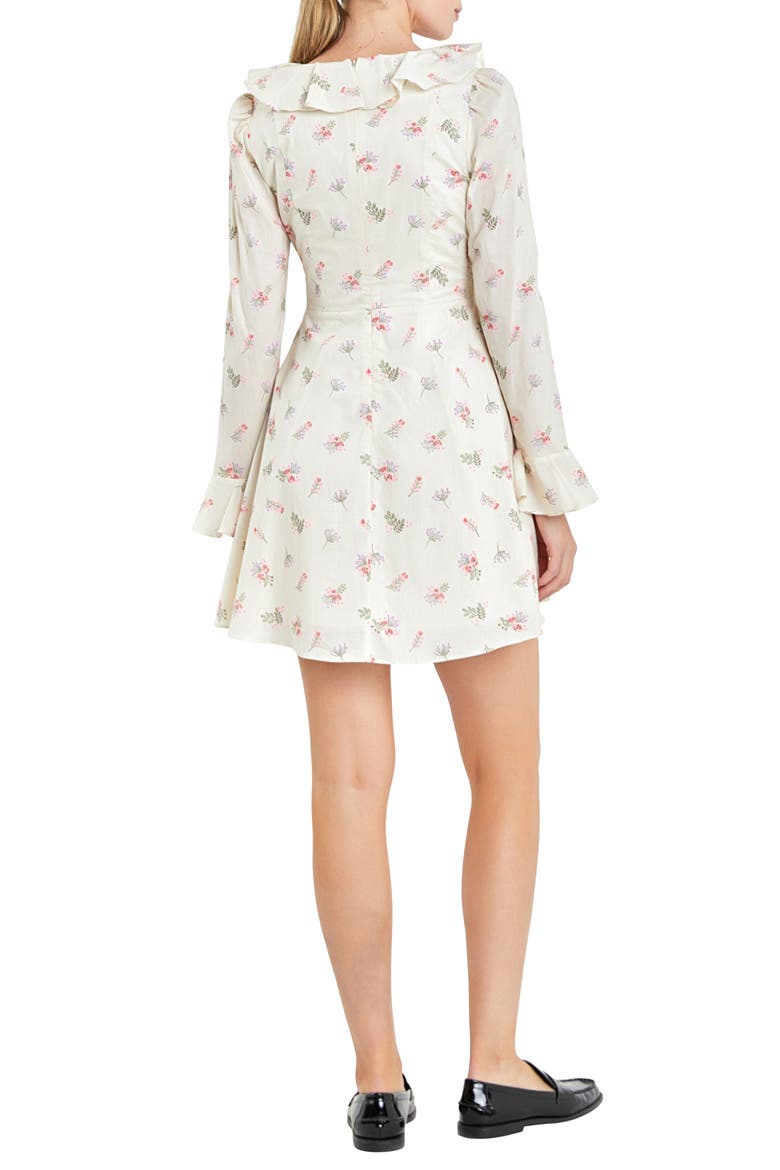 Floral Ruffle Button Front Long Sleeve Minidress, Alternate, color, IVORY