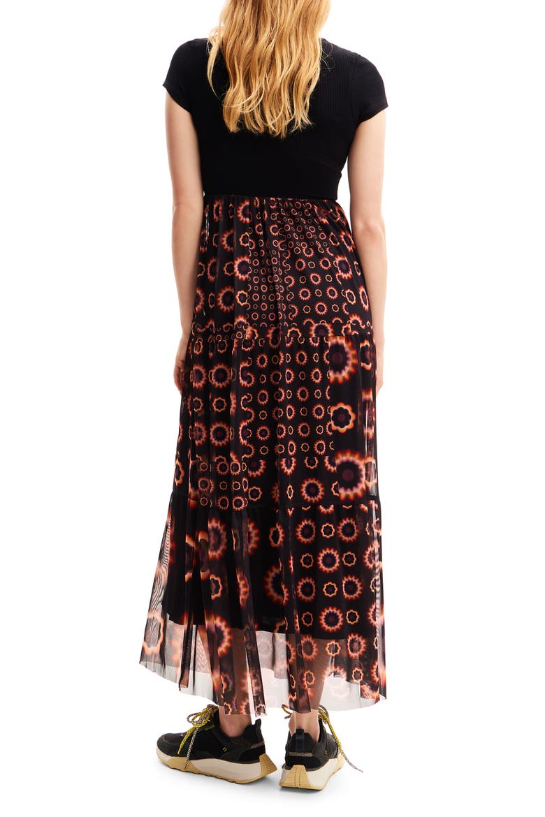 Geometric Print Combination Midi Dress, Alternate, color, BLACK
