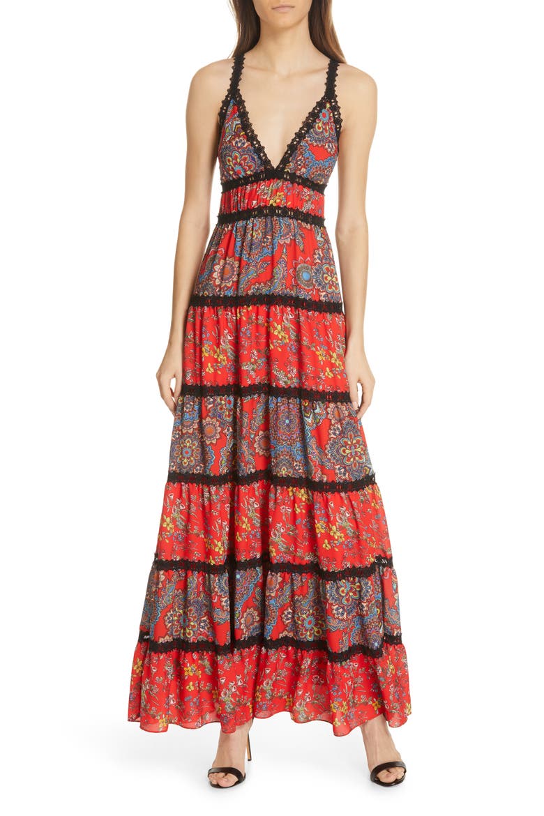 Karolina Mixed Print Maxi Dress, Main, color, BATIK MEDALLION BT POPPY/ MULT