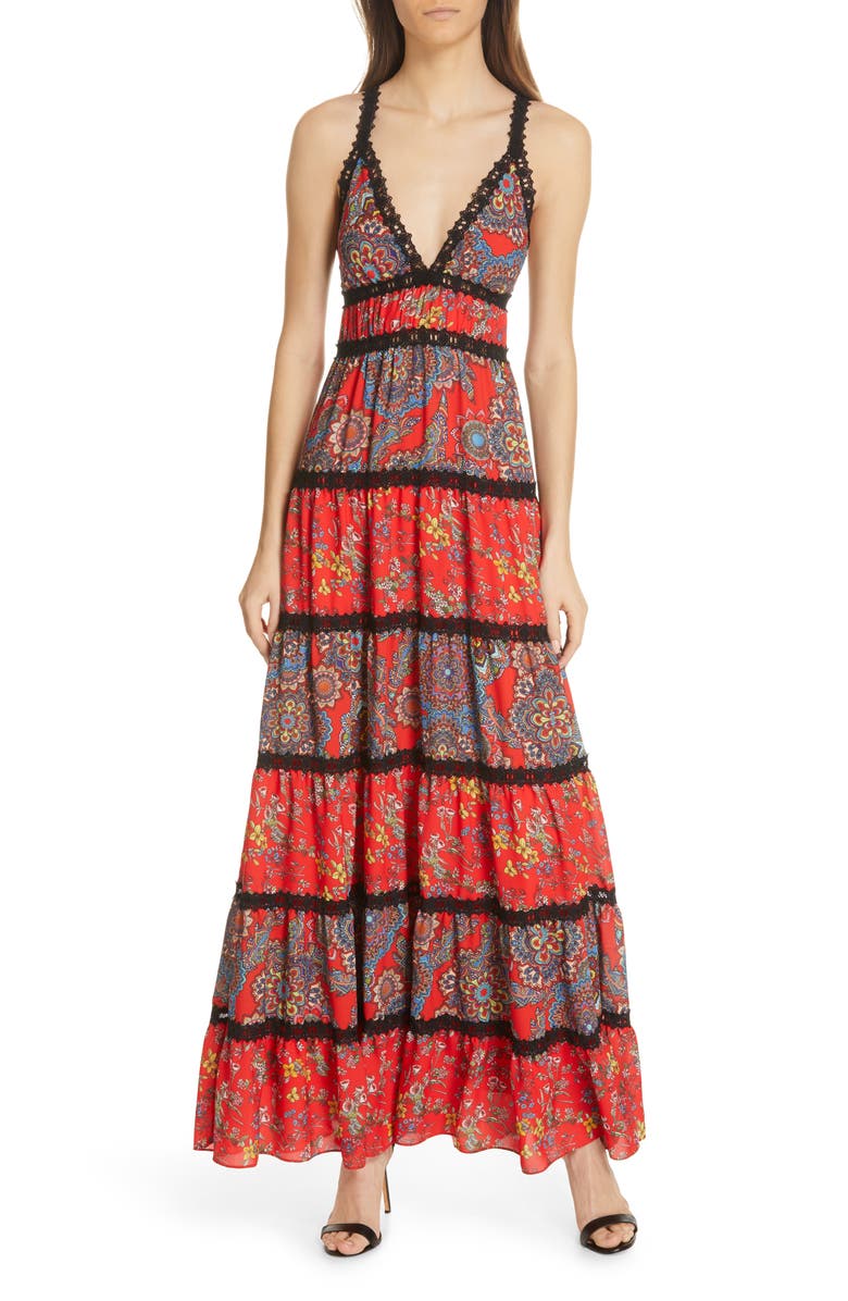 Alice + Olivia Karolina Mixed Print Maxi Dress, Main, color,