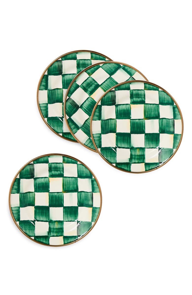 MACKENZIE CHILDS Emerald Check Set of 4 Enameled Steel Appetizer Plates, Alternate, color, Emerald