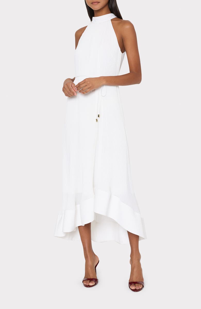 Milly Nalani Pleated Sleeveless High-Low Midi Dress, Alternate, color, White