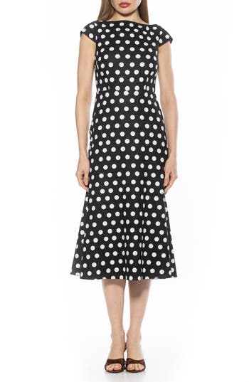 Alexia Admor Loreli Boat Neck Midi Dress In Black White Polka Dots