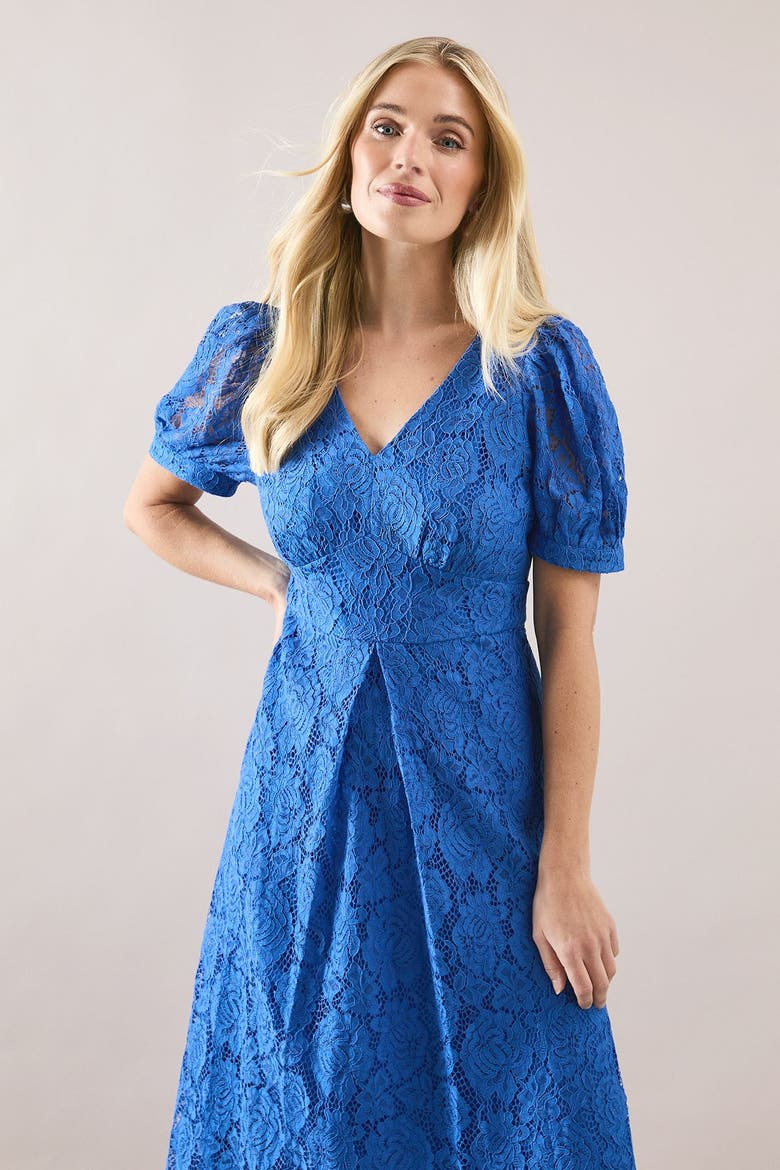Petite Lace V-Neck Tea Midi Dress, Alternate, color, Blue