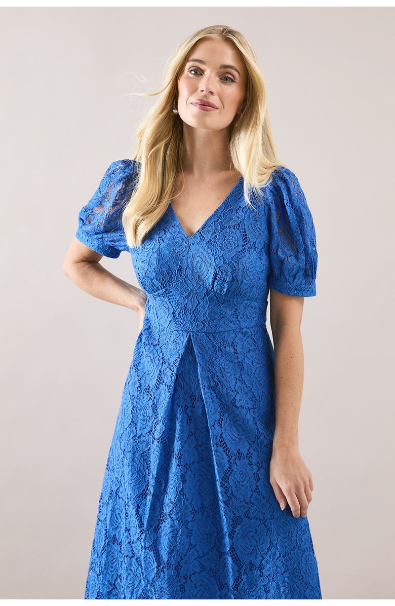 Wallis Petite Lace V-Neck Tea Midi Dress, Alternate, color, Blue