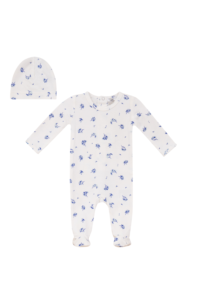 Floral Snap Back Ankle Elastic Romper with Matching Hat, Main, color, Powder/Blue