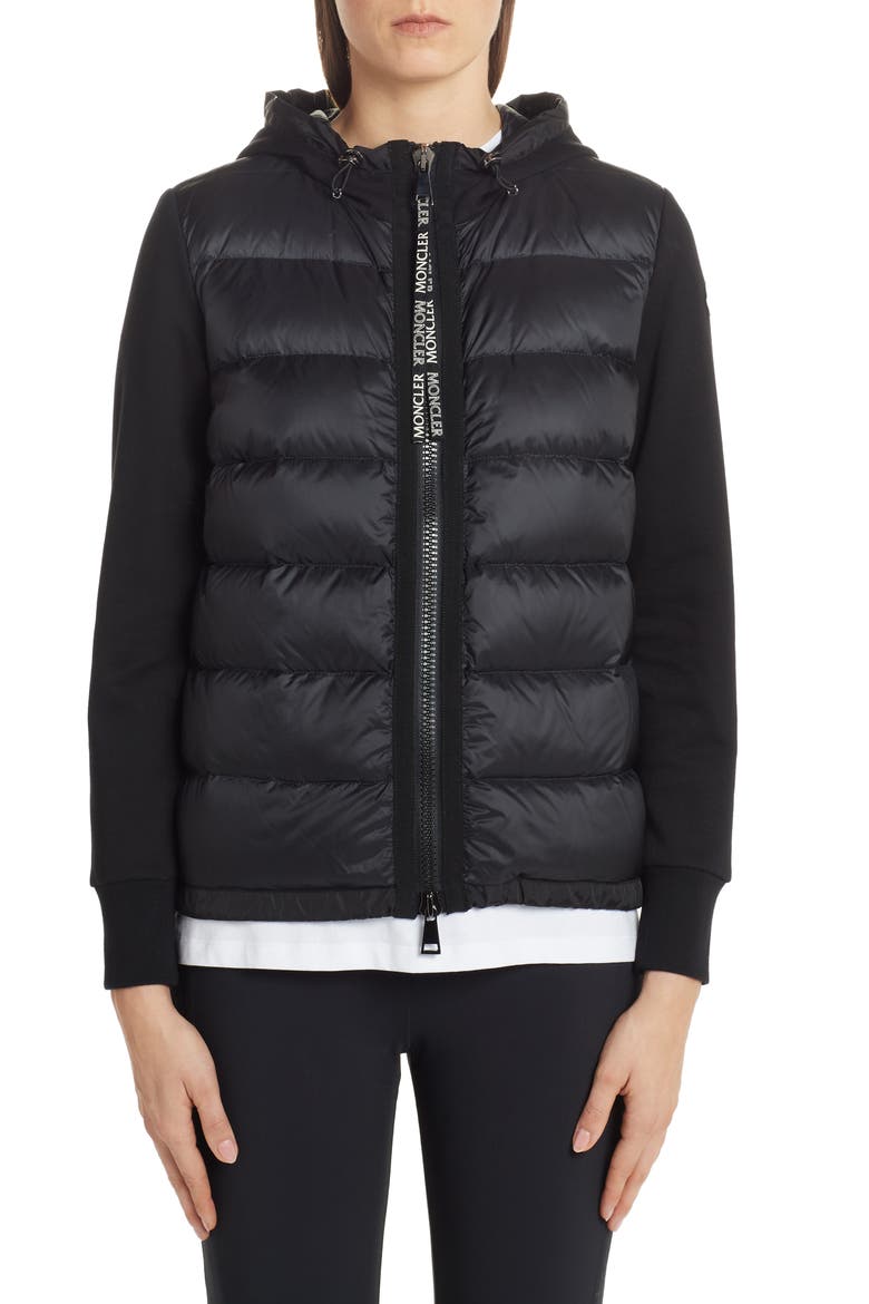 Quilted Down Front Hooded Cardigan, Alternate, color, BLACK