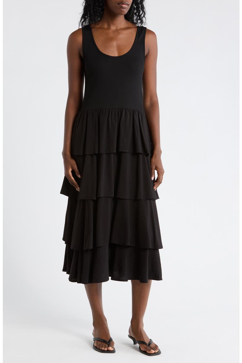 Twofer Tiered Midi Tank Dress, Main, color, BLACK
