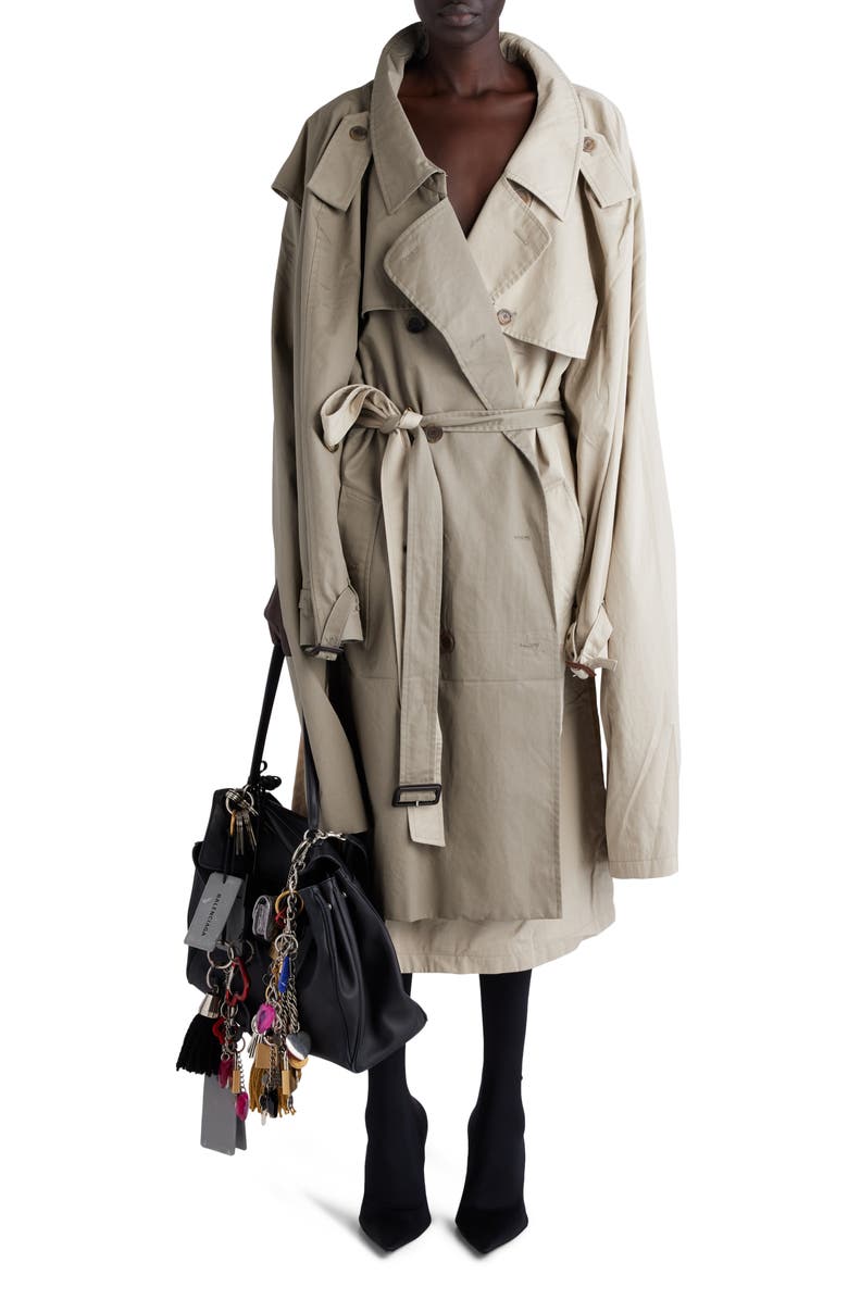 Balenciaga Double Sleeve Mixed Media Trench Coat, Main, color, 